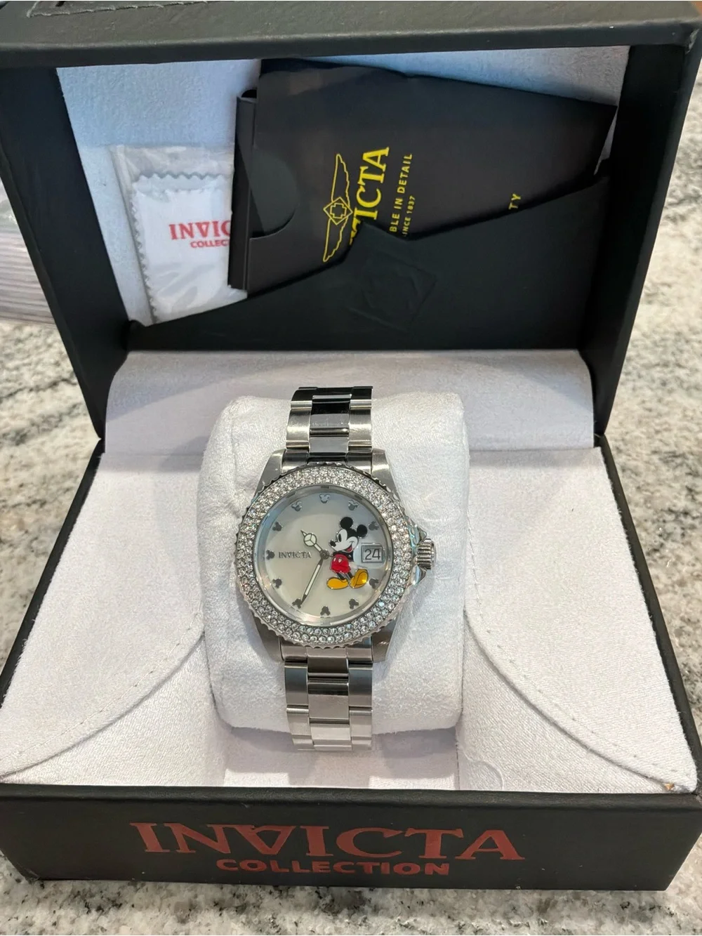 Invicta Silver Mickey Mouse Dial Crystal Bezel Stainless Steel Watch